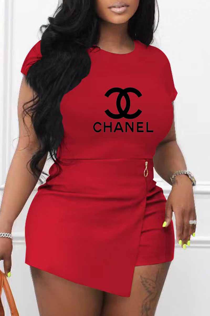 

Red Fashion Elegant Print Letter O Neck Short Sleeve Two Pieces