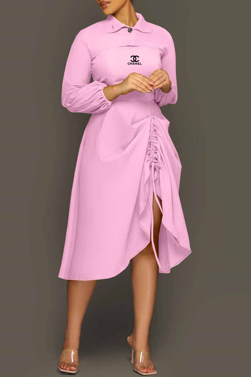 

Pink Fashion Celebrities Print Patchwork Fold O Neck Long Sleeve Two Pieces