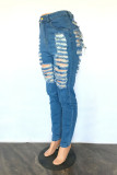 Royal Blue Fashion Casual Solid Ripped Patchwork High Waist Skinny Denim Jeans