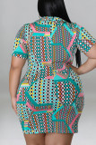 Vestido de camisa roxo estampado casual patchwork fivela virada para baixo vestidos plus size