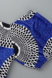 ブルーのエレガントなプリントパッチワークオフショルダーAラインドレス