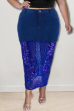 Light Blue Sexy Solid Embroidered Sequins Patchwork High Waist Sequins Sheer Mesh Denim Maxi Skirts