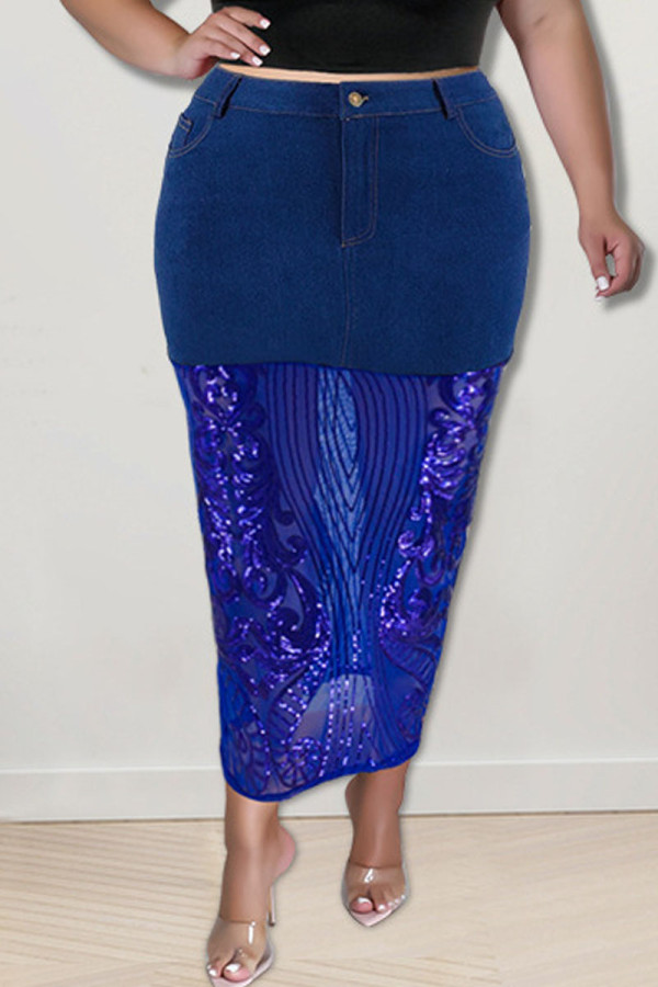 Темно-синие сексуальные однотонные джинсовые юбки с высокой талией и вышивкой блестками в стиле пэчворк