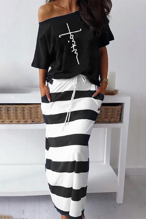 Черно-белая мода Повседневная печать Пэчворк Косой воротник с коротким рукавом из двух частей