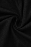 Schwarze, lässige, solide Patchwork-Falte mit O-Ausschnitt, A-Linie, Plus-Size-Kleider