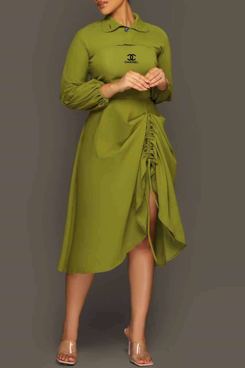

Green Fashion Celebrities Print Patchwork Fold O Neck Long Sleeve Two Pieces