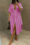 ピンクのファッションカジュアルソリッドパッチワークターンダウンカラーシャツドレス