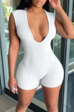 White Sexy Solid Patchwork V Neck Regular Rompers