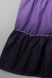 パープルファッションカジュアル段階的変更プリントパッチワークターンダウンカラーAラインプラスサイズのドレス