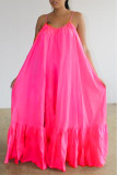ピンクのセクシーなカジュアルソリッドバックレススパゲッティストラップルーズスリングドレス