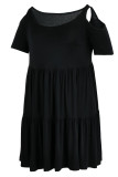 Черные повседневные однотонные платья в стиле пэчворк с круглым вырезом и трапецией больших размеров