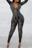 Black Fashion Sexy Patchwork Hot Drilling See-through V Neck Skinny Jumpsuits