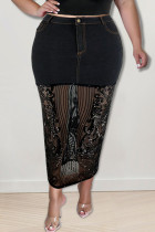 Black Sexy Solid Embroidered Sequins Patchwork High Waist Sequins Sheer Mesh Denim Maxi Skirts