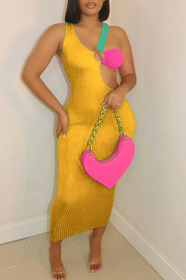 Желтые сексуальные однотонные выдолбленные лоскутные асимметричные платья-юбки-карандаш