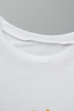 ホワイトローズレッドカジュアルプリントパッチワークOネック半袖ツーピース