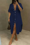 タンジェリンレッドファッションカジュアルソリッドパッチワークターンダウンカラーシャツドレス