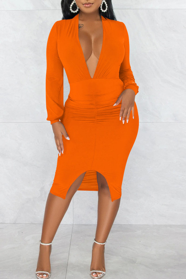 Vestidos de manga comprida laranja sexy patchwork sólido com fenda e decote em v