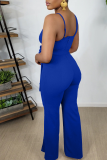 Blue Fashion Solid Patchwork Spaghetti Strap Straight Jumpsuits