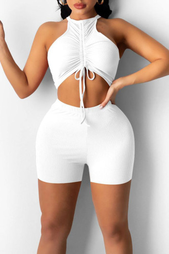 White Sexy Sportswear Solid Patchwork Draw String Fold O Neck Sleeveless Two Pieces