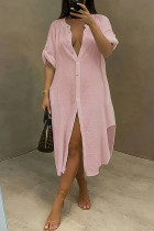 Розовое модное повседневное однотонное платье-рубашка в стиле пэчворк с отложным воротником