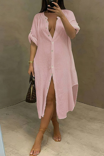 Robe chemise à col rabattu en patchwork uni à la mode rose