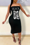 Zwarte sexy print patchwork strapless eenstaps rokjurken