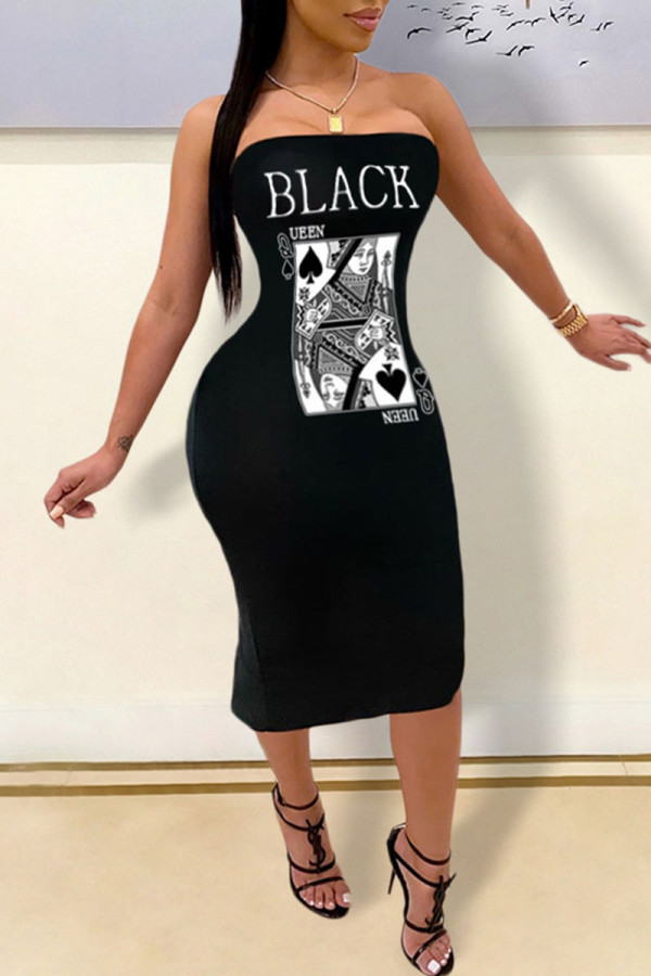 Schwarze Sexy Print Patchwork trägerlose One-Step-Rock-Kleider