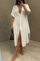 ホワイトファッションカジュアルソリッドパッチワークターンダウンカラーシャツドレス