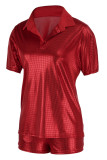 Red Fashion Casual Bronzing Basic Turndown Collar Short Sleeve Two Pieces T-shirt Tops And Shorts Sets
