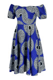 ブルーのエレガントなプリントパッチワークオフショルダーAラインドレス