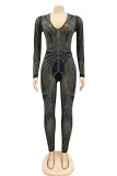Black Fashion Sexy Patchwork Hot Drilling See-through V Neck Skinny Jumpsuits