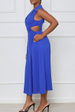 Blauwe sexy effen uitgeholde patchwork V-hals A-lijn jurken