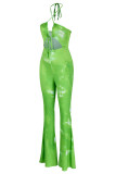 Fluorescerende groene mode sexy print bandage uitgeholde rugloze halter reguliere jumpsuits