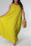 Желтое модное сексуальное платье большого размера с принтом и повязкой на спине с косым воротником без рукавов