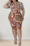 Red Casual Print Patchwork Buckle Turndown Collar Shirt Dress Plus Size Dresses
