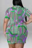 グリーンカジュアルプリントパッチワークバックルターンダウンカラーシャツドレスプラスサイズのドレス