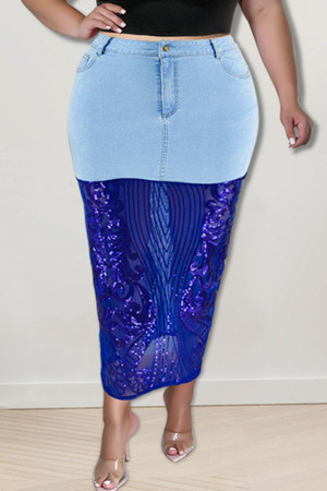 Light Blue Sexy Solid Embroidered Sequins Patchwork High Waist Sequins Sheer Mesh Denim Maxi Skirts