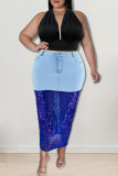 Black Sexy Solid Embroidered Sequins Patchwork High Waist Denim Skirts