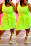 Vestido cor fluorescente moda casual plus size sólido básico com decote em U