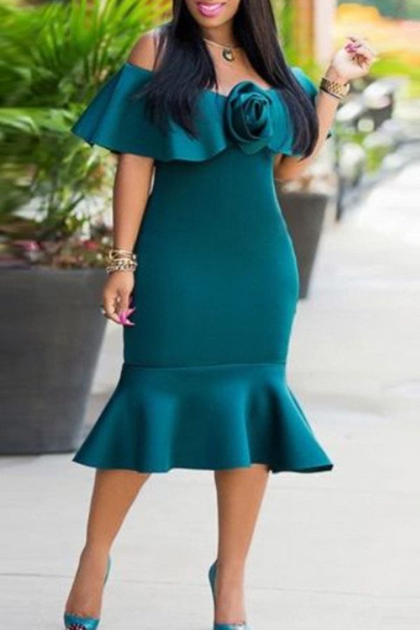 Pauwblauwe elegante effen patchwork volant off-shoulder jurken
