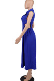Blauwe sexy effen uitgeholde patchwork V-hals A-lijn jurken