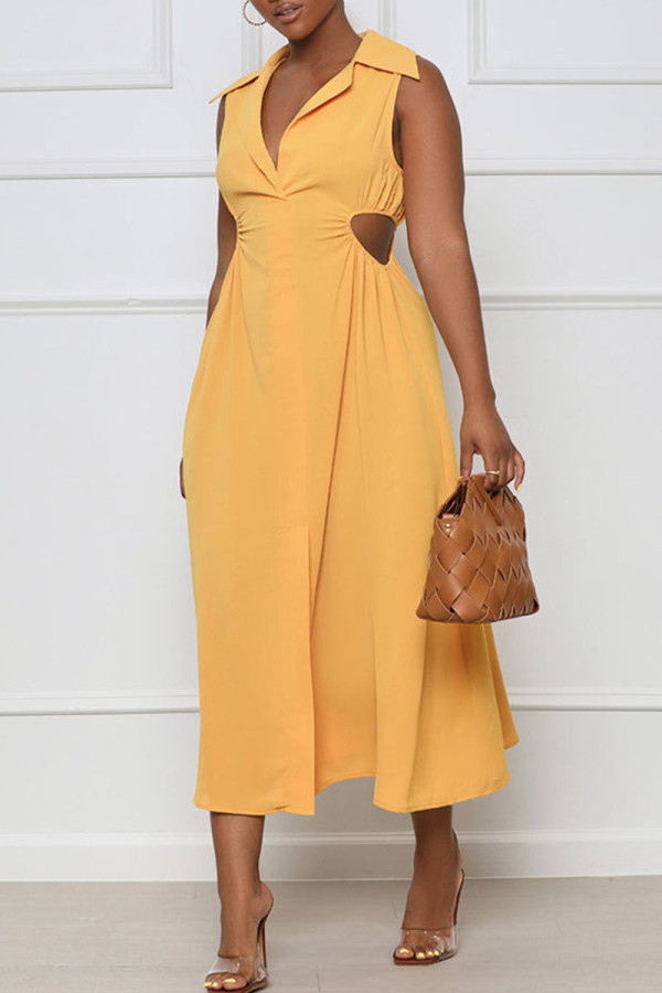 Yellow Sexy Solid Hollowed Out Patchwork V Neck A Line Dresses