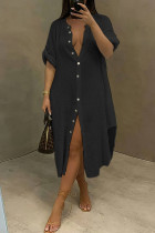 ブラックファッションカジュアルソリッドパッチワークターンダウンカラーシャツドレス