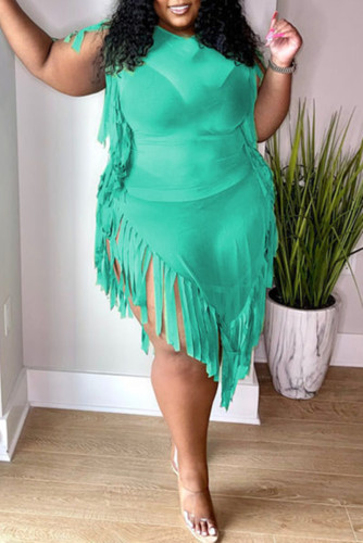 Green Fashion Casual Plus Size Solid Tassel Patchwork O Neck Irregular Dress