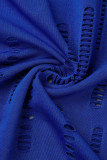 Blå Mode Sexig Solid Ripped Genomskinlig Turtleneck Långärmad Två delar