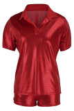 Red Fashion Casual Bronzing Basic Turndown Collar Short Sleeve Two Pieces T-shirt Tops And Shorts Sets