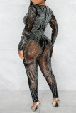 Macacão skinny preto fashion sexy patchwork furação a quente transparente decote em V