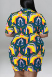 Gele Casual Print Patchwork Gesp Turndown Kraag Shirt Jurk Plus Size Jurken