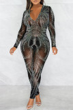 Macacão skinny preto fashion sexy patchwork furação a quente transparente decote em V