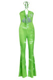 Monos vendaje con estampado sexy de moda verde fluorescente ahuecado sin espalda halter regular verde fluorescente